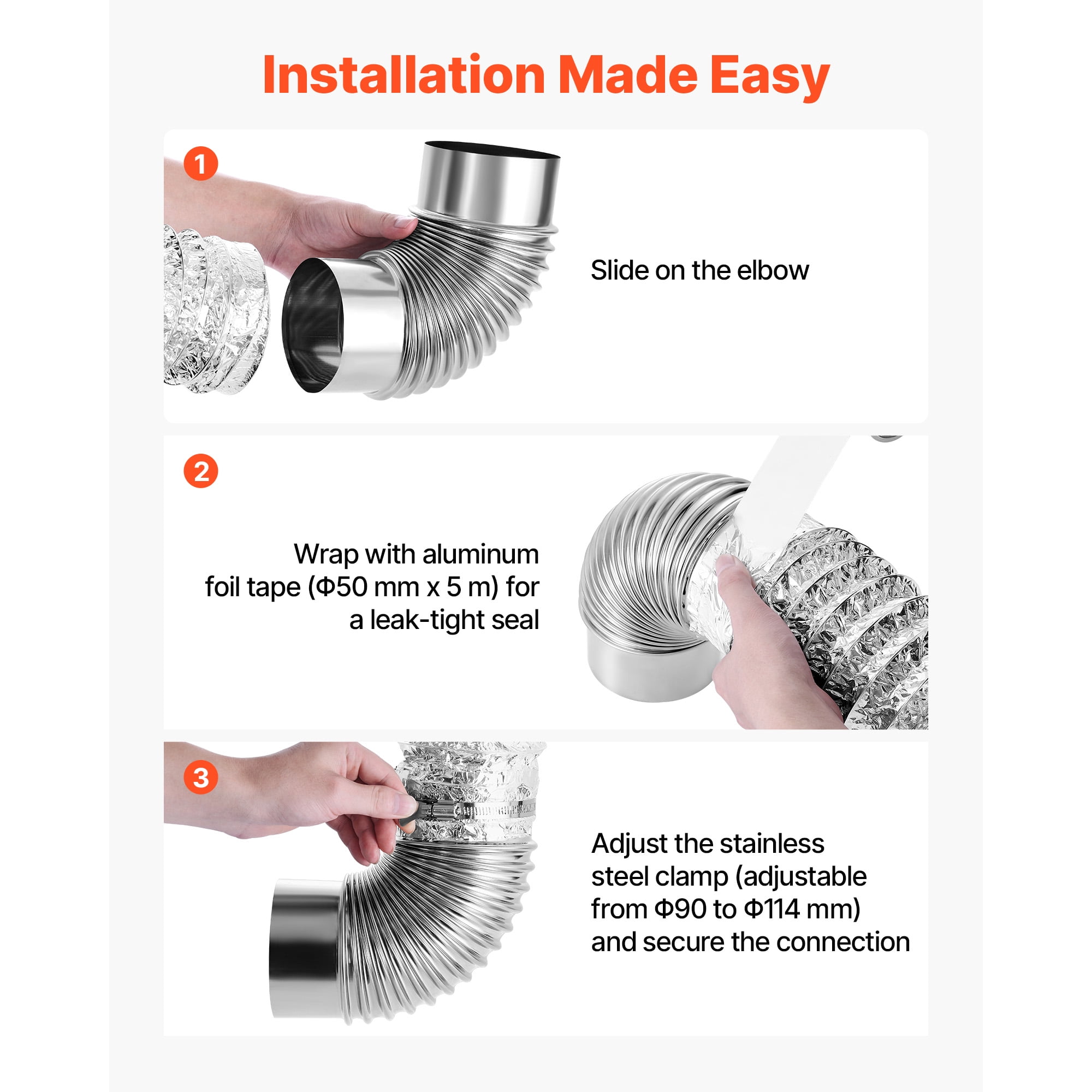 KFFKFF 2 Pack Dryer Vent Elbow, 90-Degree Hose Connector Kit for 4-Inch Ducts, Stainless Steel Elbows with Clamps and Aluminum Foil Tape, Ideal for HVAC Systems, Pipes, and Tight Spaces