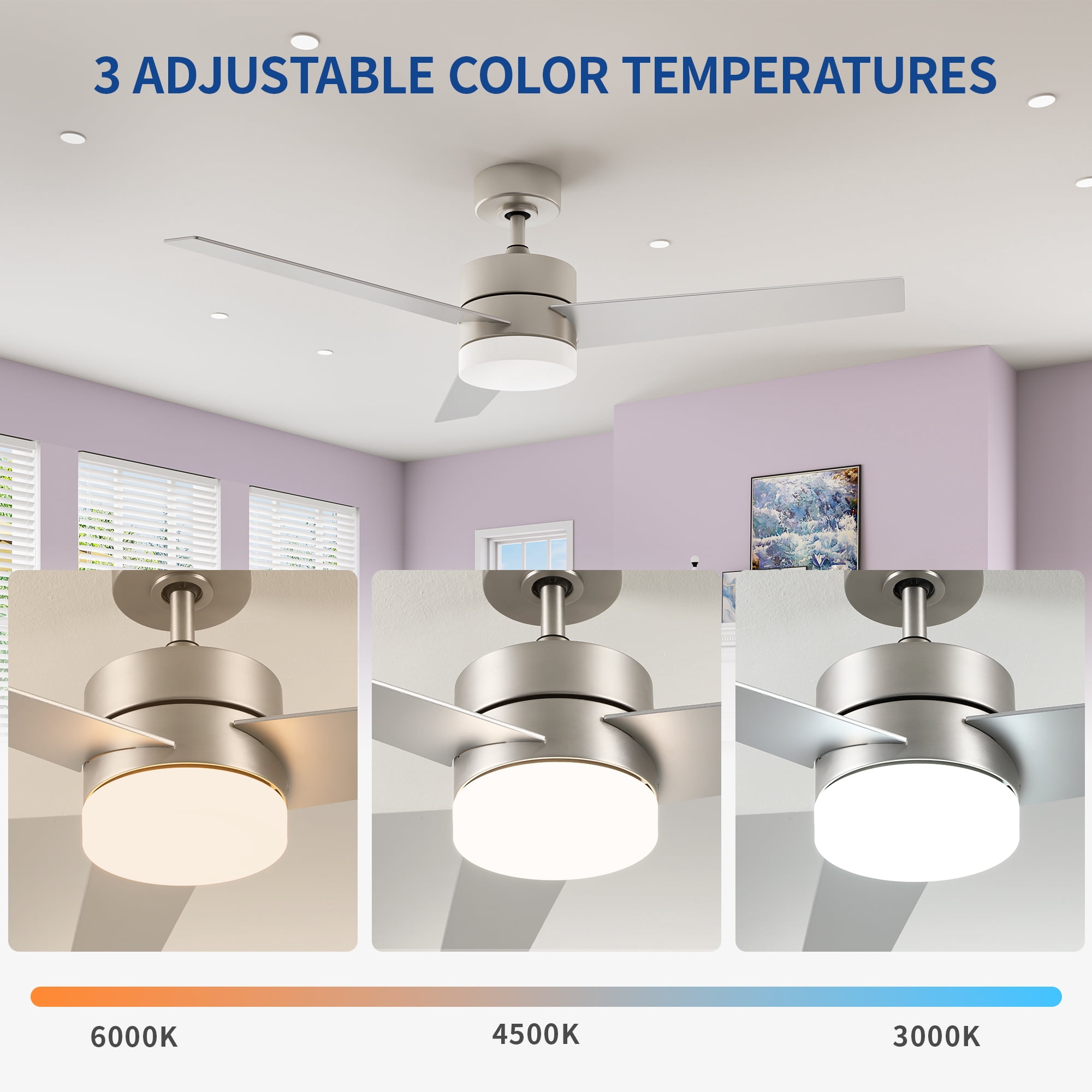 Uforic 52" Modern Ceiling Fan with LED Light and Dimmable Remote,6-Speed Reversible DC Motor, 3-Blade Timing Industrial Ceiling Fan for Living Room, Bedroom, and Outdoor Terraces, Silver