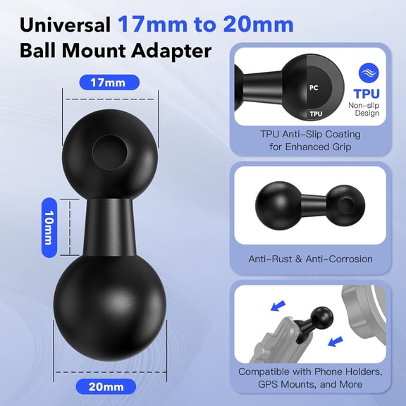 WEIFEI-20mm to 17mm Ball Mount Adapter – TPU Anti-Slip Base for Stable Installation, Compatible with Garmin GPS, Phone, and Vehicle Mounts