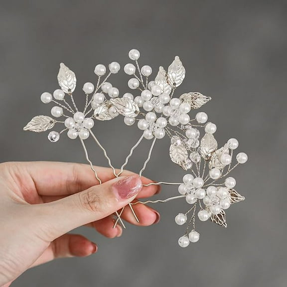 MaxxMarket Pearl Bride Wedding Hair Pins Leaf Bridal Head Piece Flower Hair Accessories for Women and Girls (Pack of 3) (Silver)