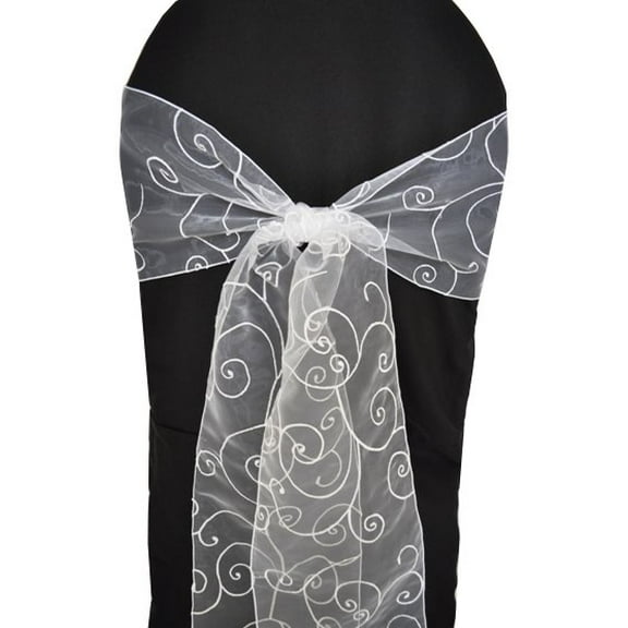 Wedding Linens Inc. (10pcs) 8'' x 108'' Embroidered Organza Sheer Chair Sashes Chair Bow Ties - White