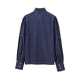 thumbnail image 4 of Women'S Tie Design Denim Button High Neck Jacket with Elastic and Puff Sleeves Navy Blue M, 4 of 5