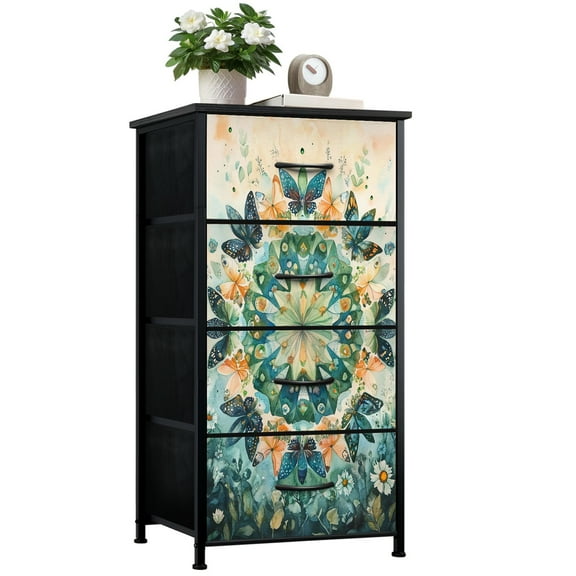 Boho Dresser for Bedroom with 4 Storage Drawers Butterfly Kaleidoscope Misty Morning Wildflower Dressers Chest of Drawers Steel Framed Fabric Closet Organizers for Entryway
