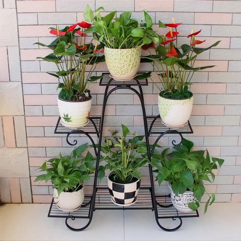 6 Tiers Wrought Iron Heavy Duty Metal Flower Cart Pot Rack