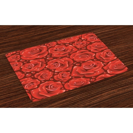 

Rose Placemats Set of 4 Vivid Red Roses Rain Water Drops Graphic Dewy Meadows Inspired Romantic Pattern Washable Fabric Place Mats for Dining Room Kitchen Table Decor Ruby Vermilion by Ambesonne