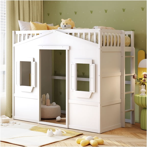 JERFIT Twin House Loft Bed with Ladder, White