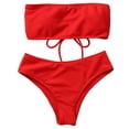 thumbnail image 5 of Guiexla 1 Set Women Beach Suit with Chest Pad No Underwire Solid Color Elastic High Waist Bathing Two-piece Set Bandeau Swimming Trunks Split Bikini Set Beachwear, 5 of 8
