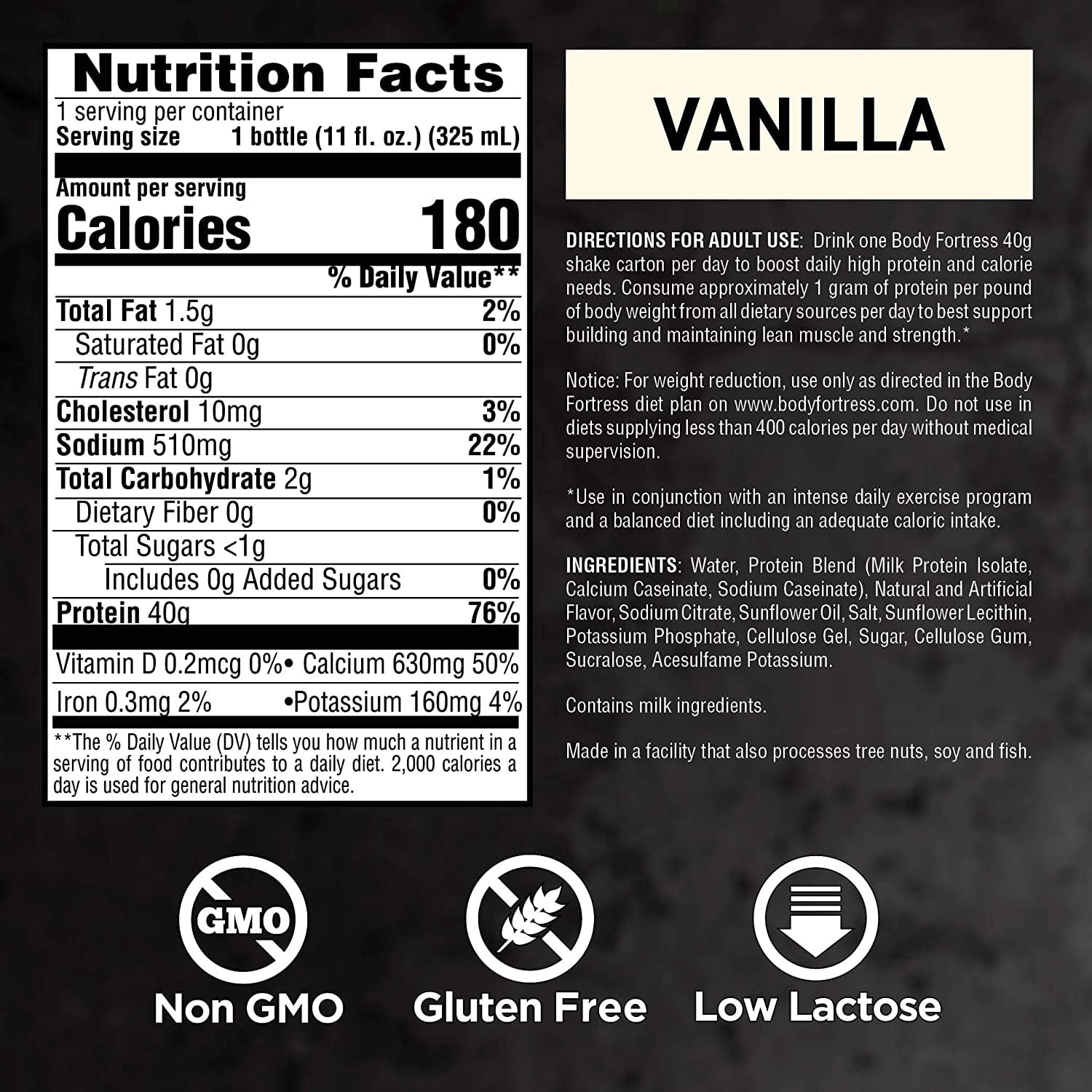Body Fortress High Protein Shakes, 40g Protein, Vanilla, 4 Pack
