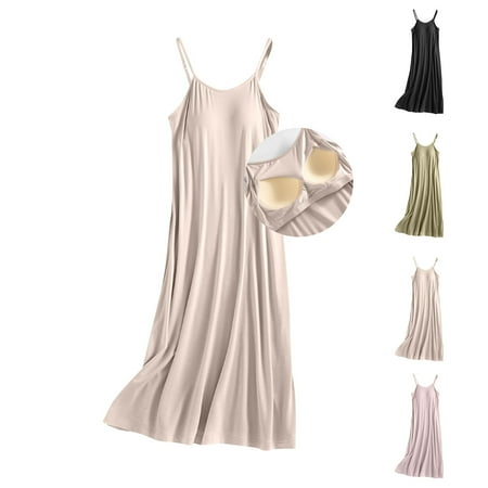 NANAIQ Women s Summer Round Neck Sleep Dress with Built-in Bra Cool & Breathable Nightgown for Lounge  Sleepwear & Home Comfort Sexy Pajama Dress & Lingerie Womens Slip Dress Khaki M