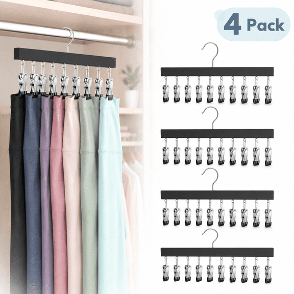 4-Pack Vertical Pants Hangers, Wooden Hangers with Clips, 360° Rotating Legging Organizer for Closet Hanging, Space-Saving Storage for 20 Garments