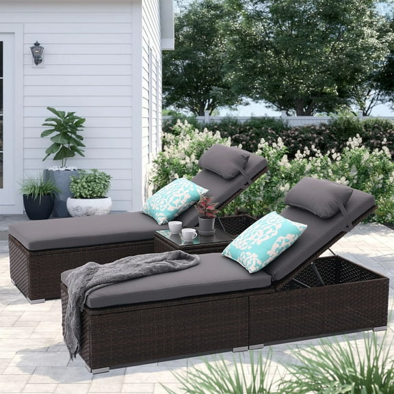 3 PCS Patio Chaise Lounge Outdoor Lounge Chair Patio Reclining Chair with Coffee Table Cushion&Pillow 5 Angle Adjustment PE Rattan Chair for Courtyards Poolside Garden (Taupe)