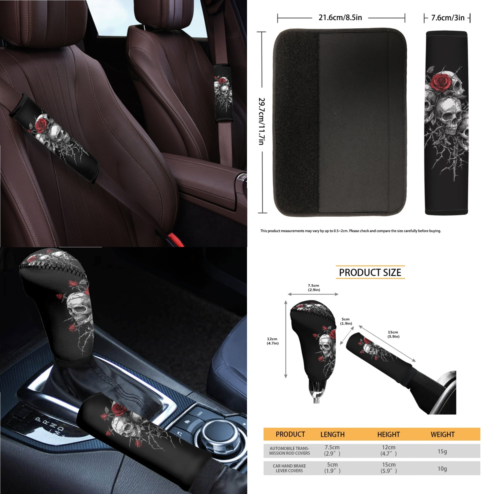 Jeiento Skull Car Seat Covers Set with Steering Wheel Cover Seat Belt Pads Garbage Bag Rose Armrest Cover Handbrake Cover Set Rear View Mirror Protector Coasters Auto Accessory Fit for SUV Van Truck