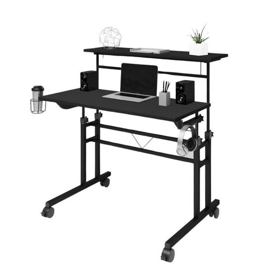 FurniFact Black Adjustable Desk with Wheels, Computer and Office Table with Storage