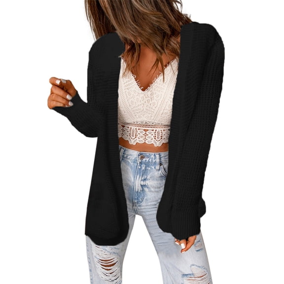 Vedolay Women's Knit Cardigan Sweater Draped Open Front Cropped Cardigan Long Sleeve Knit Outwear Black,L