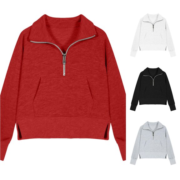 RMGVDSD Girls Half Zip Sweatshirt Plain Solid Color Stand Collar Long Sleeve Cropped Pullover with Thumb Hole Pocket Kids Casual Tops Trendy Sweatshirt 11-12 Years