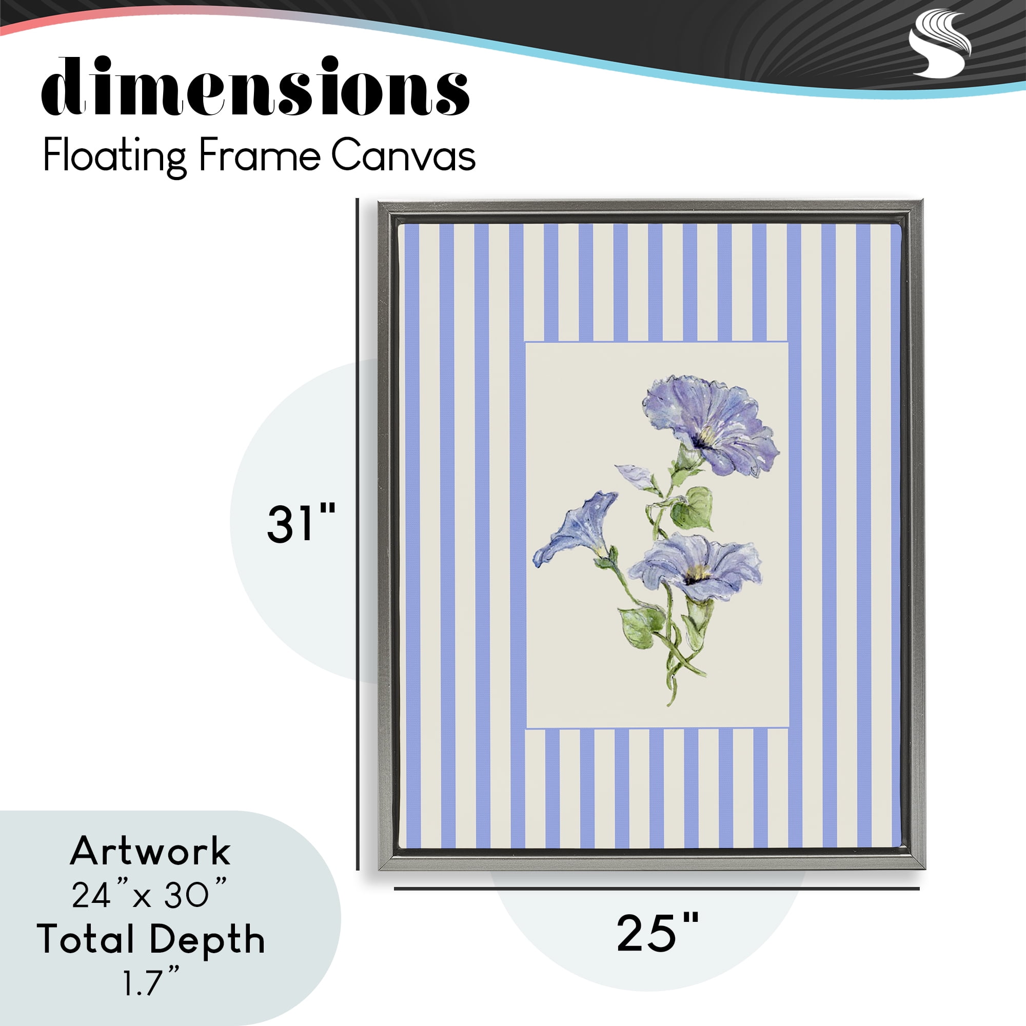 Blue Stripe Morning Glory Gray Framed Floater Canvas Wall Art, design by Lisa Wehmeyer