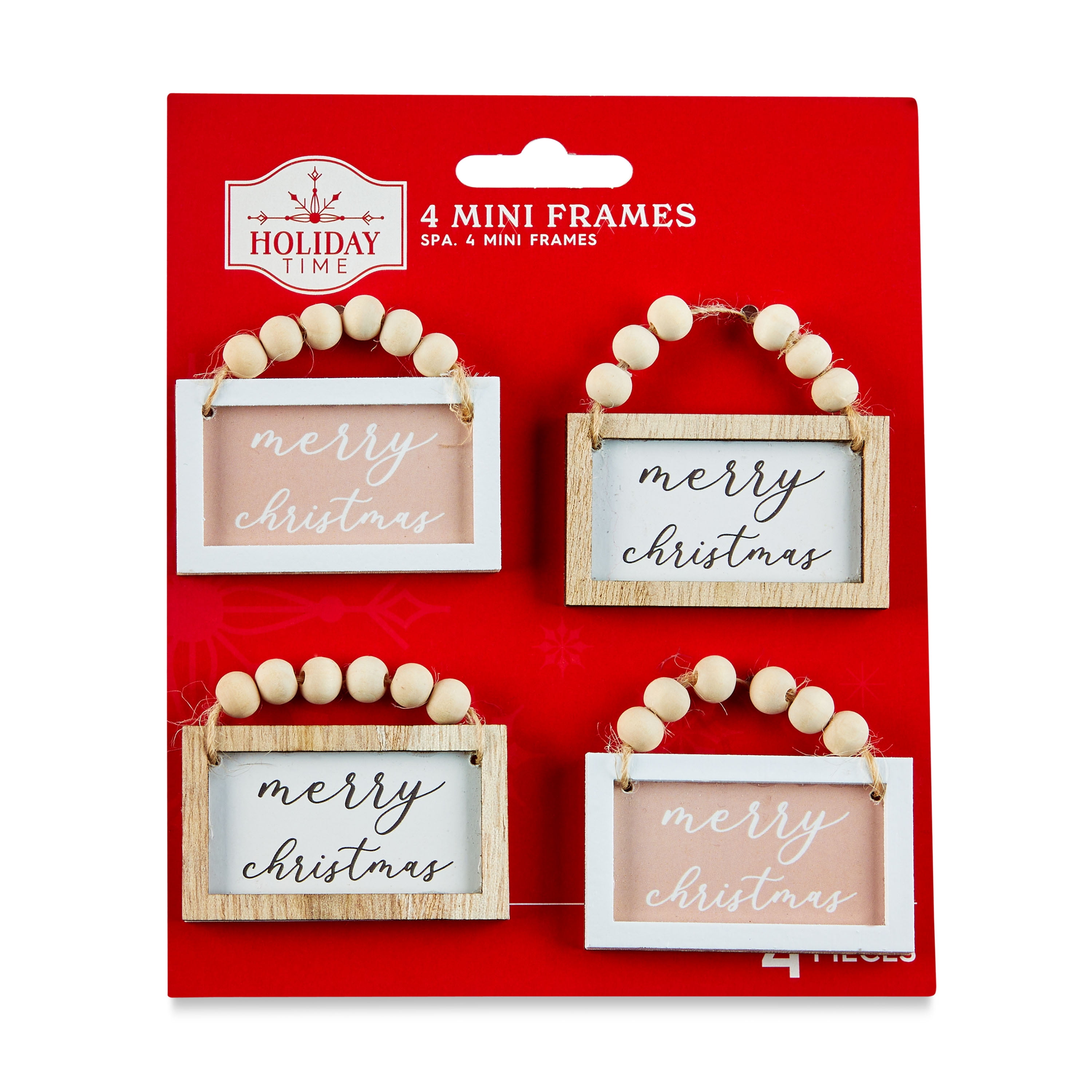 Holiday Time Blushful Pink and White Merry Christmas Mini Wood Frame Ornaments, Set of 4