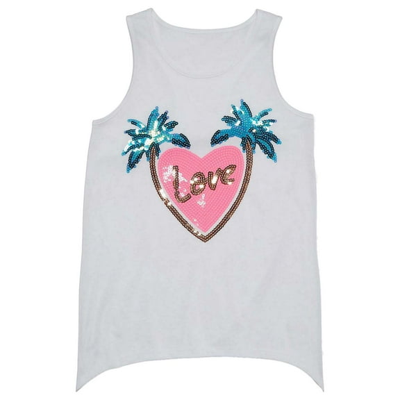 Girls White Sequin Hearts & Palm Trees Tank Top Love Shirt XS