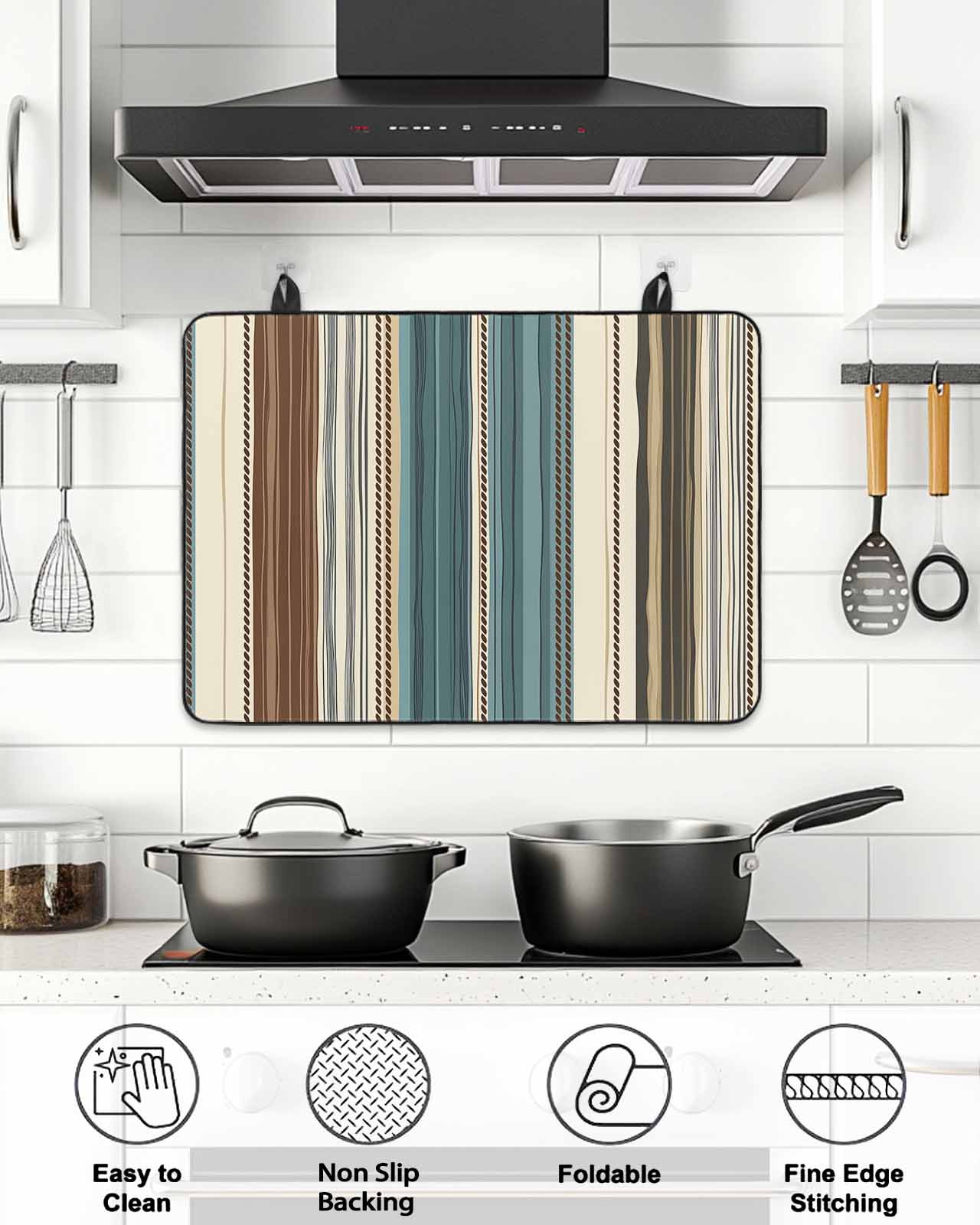 Stove Top Covers for Electric Stove, Teal Boho Stripes Glass Stovetop Cover Protector, Modern Bohemia Brown Beige Texture Induction Cooktop Protector Oven Mat for Kitchen Countertop 24"x21"