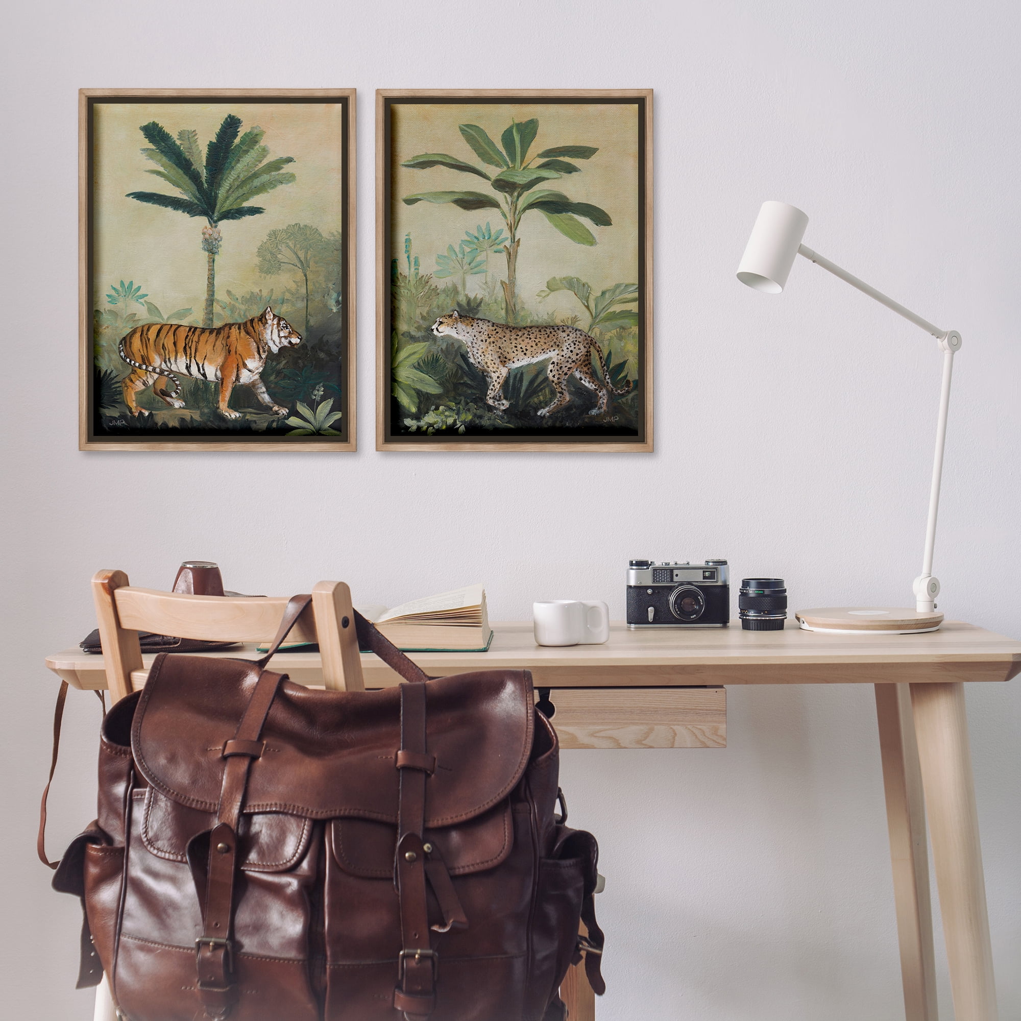Stupell Industries Tiger Cheetah Jungle Forest Animals Painting Brown Floater Framed Canvas Art Print Wall Art, 21 x 31, Set of 2