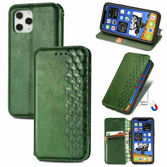 Dteck for Apple iPhone 12 Pro Max Premium Leather Case, Shockproof Wallet Cover Magnetic Flip Case Cash & Card Slot PU Leather Phone Cover (Green)