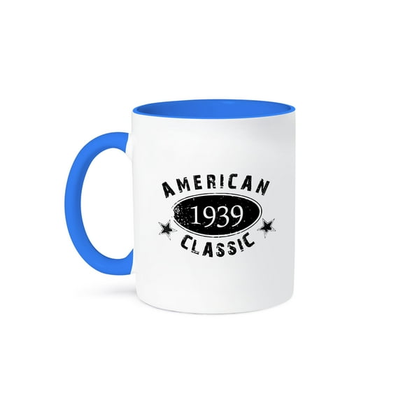 3dRose, 1939 American Classic - Personalized Birth Year Birthday gift - black grunge vintage look - funny, 15oz Two-Tone Blue Mug