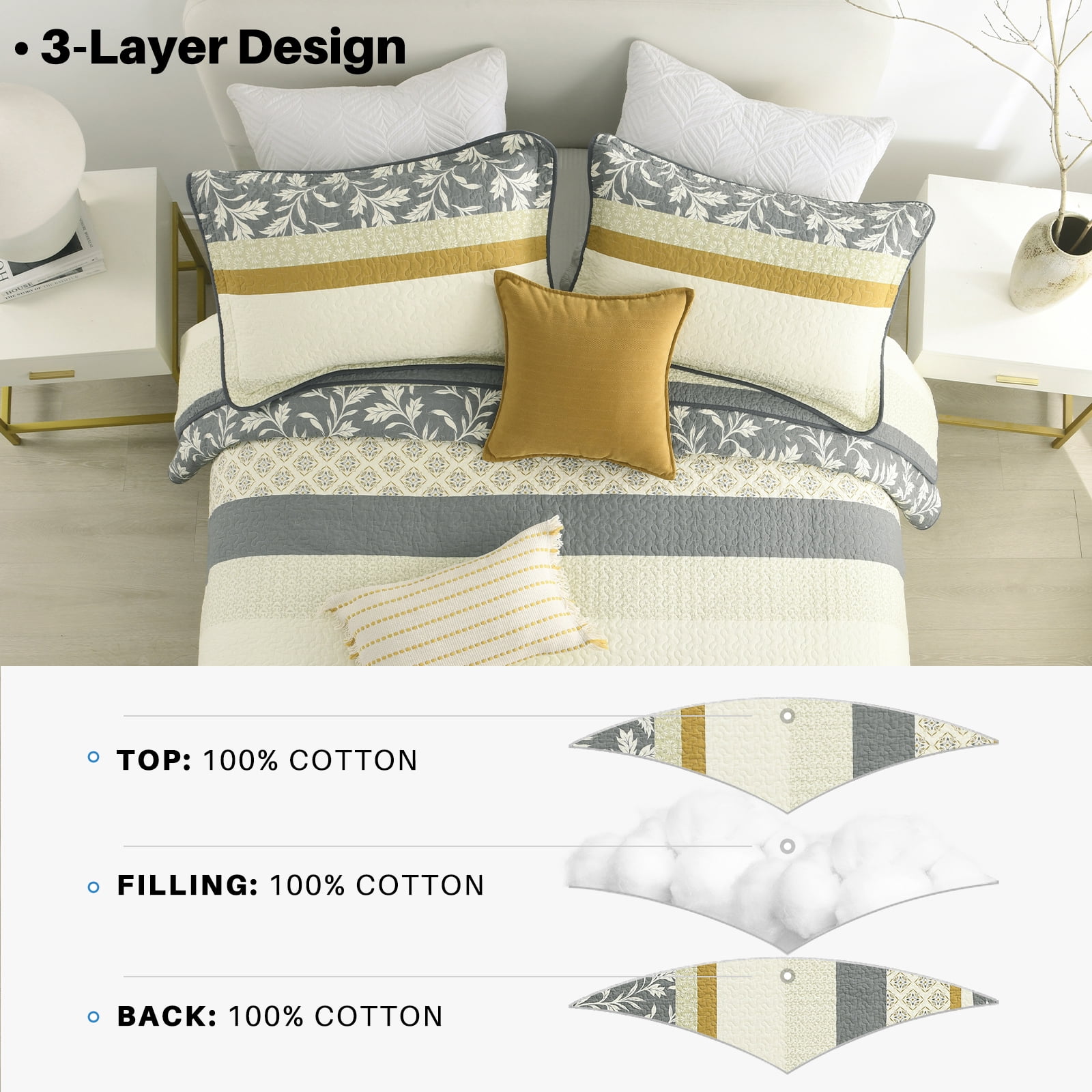 Bedduvit Floral King Quilt Sets - 100% Cotton Striped Patchwork Gray/Cream/Yellow King Size Quilts, Lightweight Summer Botanical Print Reversible Bedspread, Vintage Decor Coverlet for King Bed-98x106