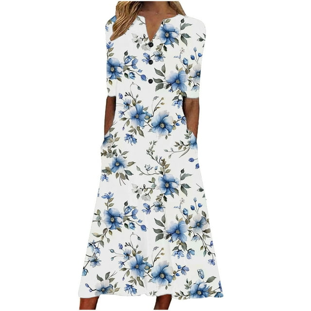 Robe Décontractée pour Femmes pour l'Été Imprimé Vintage Manches Courtes Robe T-Shirt Ample Plage Midi Robe d'Été avec Poches