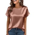 thumbnail image 6 of Satin Blouse for Women Business Casual Short Sleeve Tops Crewneck Silk Summer Shirt Khaki L, 6 of 6