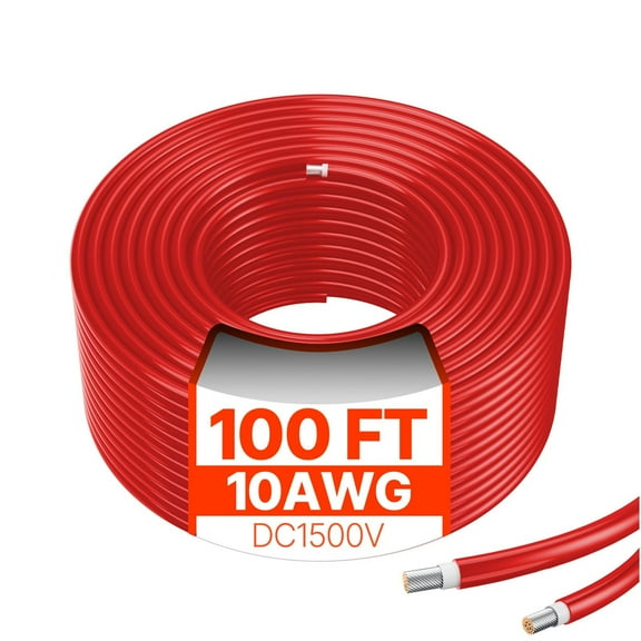 10 Gauge 100 Foot Solar Extension Cable - Waterproof PV Wire, Red Color, 6mm² for Panels, Generators & Controllers