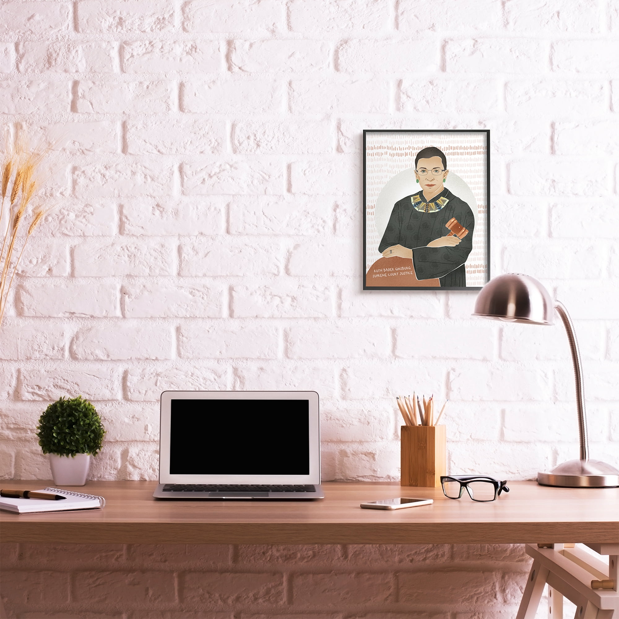Stupell Industries Judge Ginsburg With Gavel Over Abstract Pattern Novelty Painting Black Framed Art Print Wall Art, 16 x 20