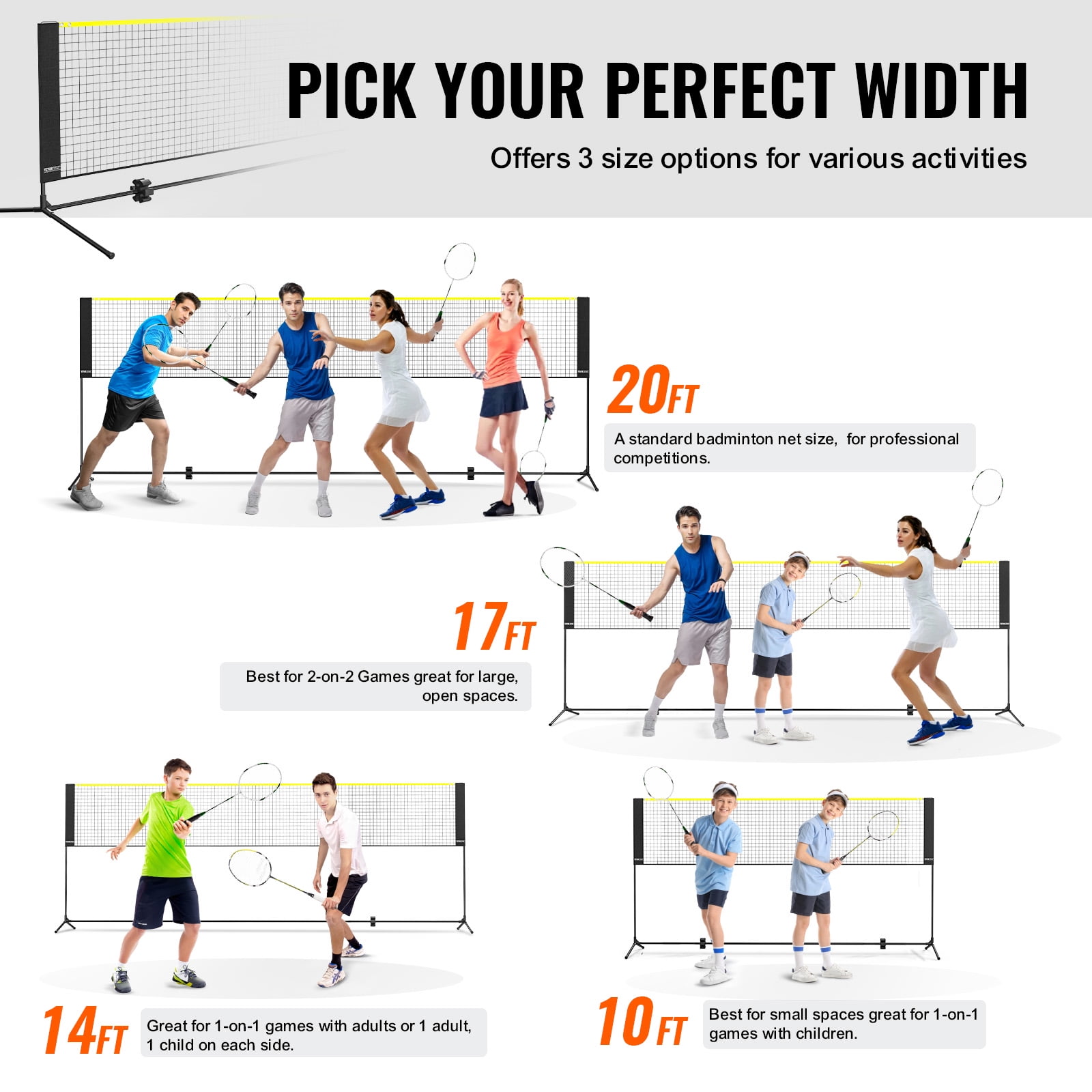 VEVOR Badminton Net, Height Adjustable Badminton Net, 14ft Wide Foldable Badminton Net, Portable Easy Setup Badminto Net Set with Poles, Stand and Carry Bag, for Kids Backyard Game Indoor Outdoor Use