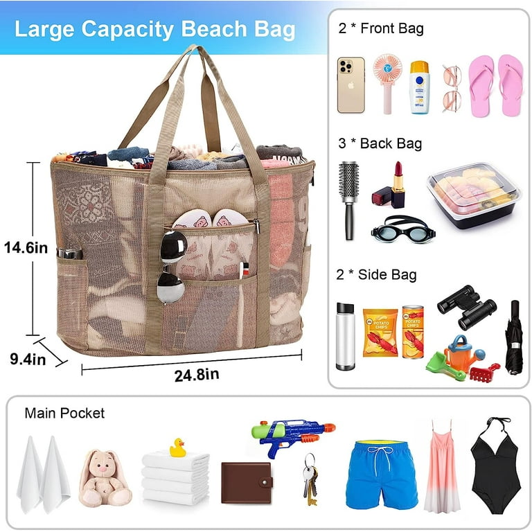 Mesh Beach Tote Extra Large Beach Bag with 11 Pockets Foldable Tote Bag Women Oversized Pool Bag Travel Essentials
