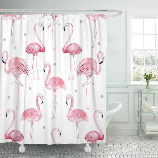 CYNLON Watercolor Bath Pink Flamingos Grey Polka Dots Chic Bathroom