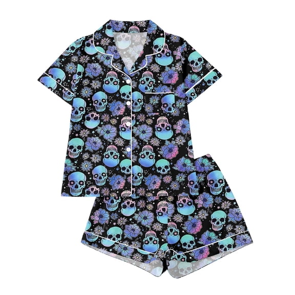 WOYY Girls Halloween Pajamas Short Sleeve Button Down Top Shorts Sleepwear Set, Sizes 3-14