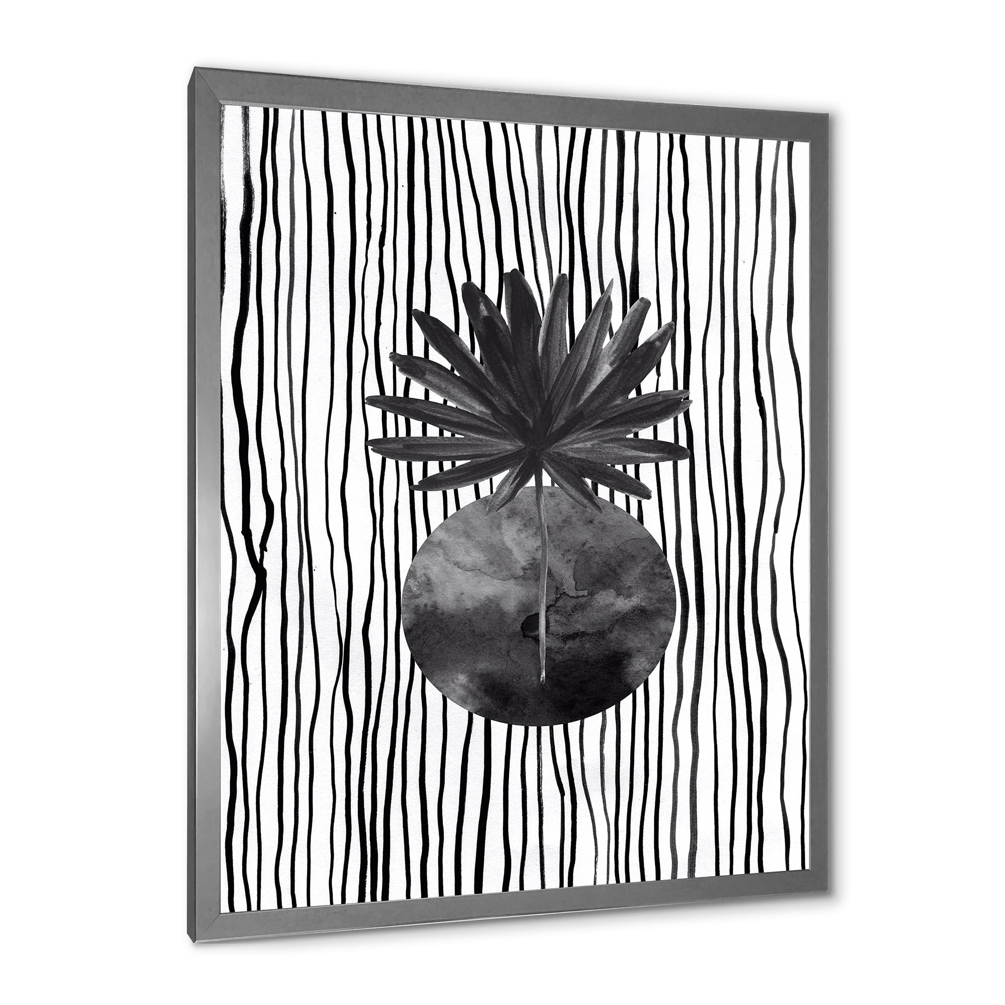 Designart 'Black and White Striped Under Tropical Leaf I' Modern Framed Art Print