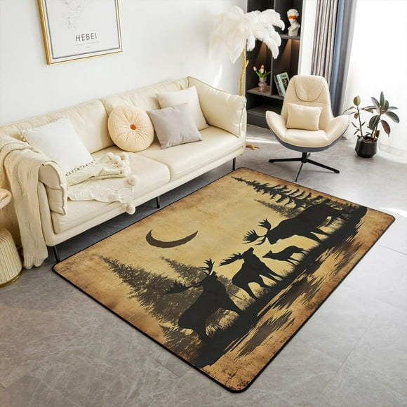 Rustic Deer Bear Area Rugs 5x7 for Bedside Living Room Bedroom, Rustic Farmhouse Style Rug Non Shedding, Country Cabin Dodge Decor Carpet Non Slip, Moose Wildlife Hunting Theme Decorative Accent Rug