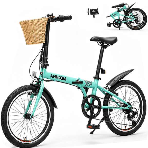 POVANLI 20" Folding Bike with Basket for Adults,6 Speed Steel Frame City Commuter Bike,Dual V-Brake Portable Compact Bicycle for Men/Women