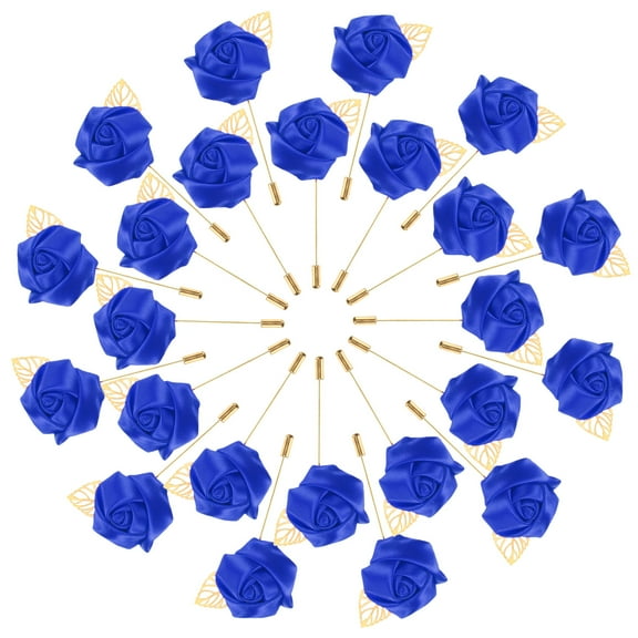 Uxcell 24-Pack Flower Lapel Pins for Men, Golden Leaf Rose Boutonnieres Pin Groom Boutonnieres for Wedding/Dance/Party [Sapphire Blue]