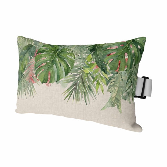 Summer Tropical Outdoor Pillows for Chaise Lounge Chair Waterproof Lumbar Pillows with Insert&Adjustable Elastic Strap Beach Headrest Pillow Farmhouse Palm Leaves Floral Burlap Pool Pillow 11"x16"