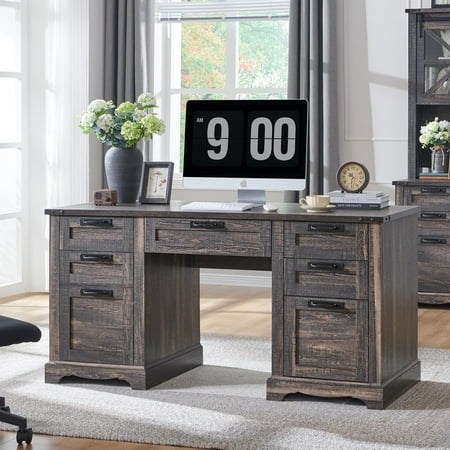OKD Farmhouse Executive Desk  Rustic Office Desk with Charging Station and Keyboard Tray Home Workstations with File Drawer  Storage Cabinet Wood Computer Writing Desk  Dark Rustic Oak