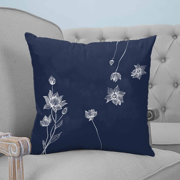 Navy Blue White Floral Throw Pillow Covers, Soft Pillowcases with Invisible Zipper, Abstract Art Summer Botanical Decorative Square Pillow Cushion Covers for Living Room Couch Sofa Bed 16x16 Inches