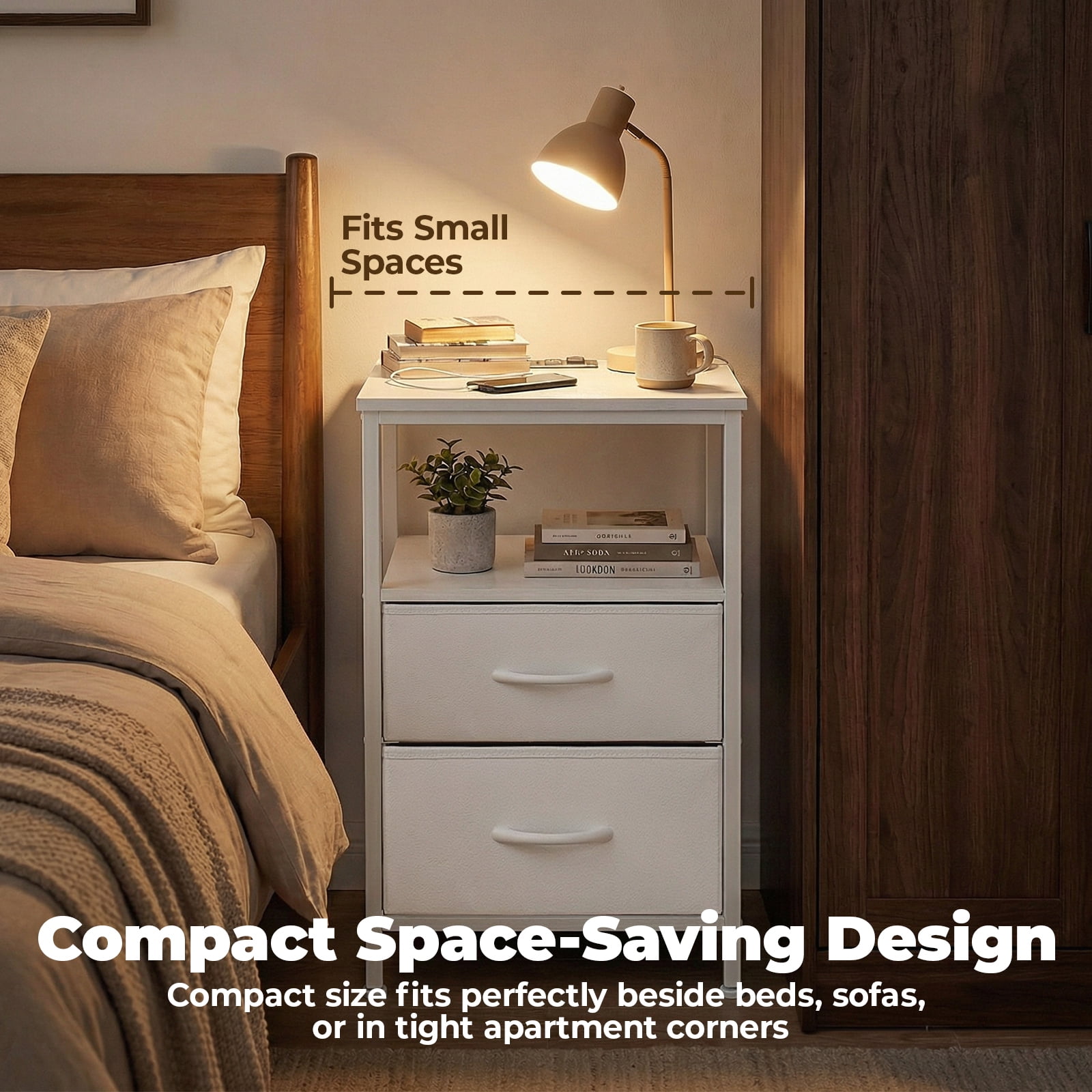 Alvantor Bedside Table Charging Station Nightstand with Fabric Drawers, End Side Table for Bedroom Living Room
