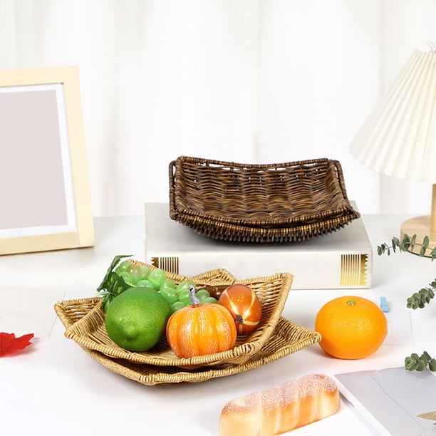 Cesta de mimbre de plástico para pan, fruta, aperitivos – bandeja de almacenamiento tejida de ratán de imitación, plástico ligero y duradero, marrón/amarillo, 8,86x8,86x1,77 pulgadas, organizador