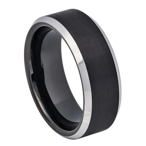 Custom Personalized Engraving Wedding Band Ring Set for Him & Her - 8mm Black IP Plated Brushed Center High Polished Steel Color Beveled Edge