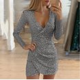 thumbnail image 2 of qolati Women's Sequin Bodycon Dresses Long Sleeve Deep V Neck Mini Wrap Dress Elegant Glitter Ruched Evening Gown Party Cocktail Dress, 2 of 6