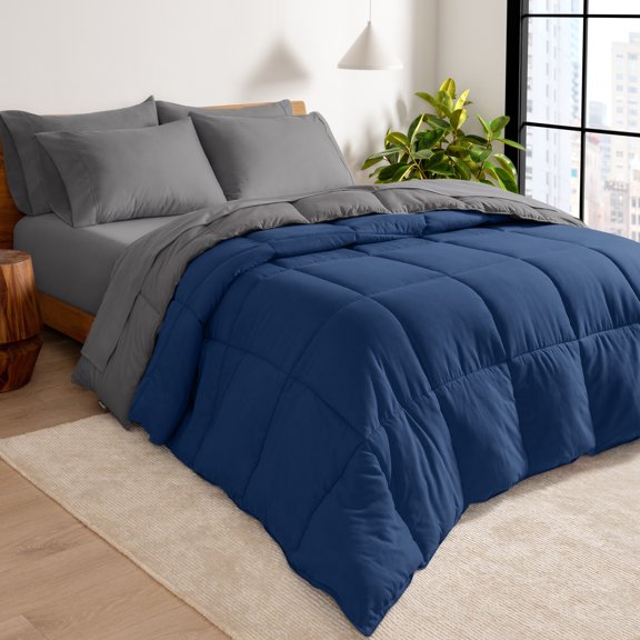 Bare Home 5-Piece Reversible Bed-in-a-Bag - Premium 1800 Collection - Queen, Dark Blue/Gray Comforter with Gray Sheet Set