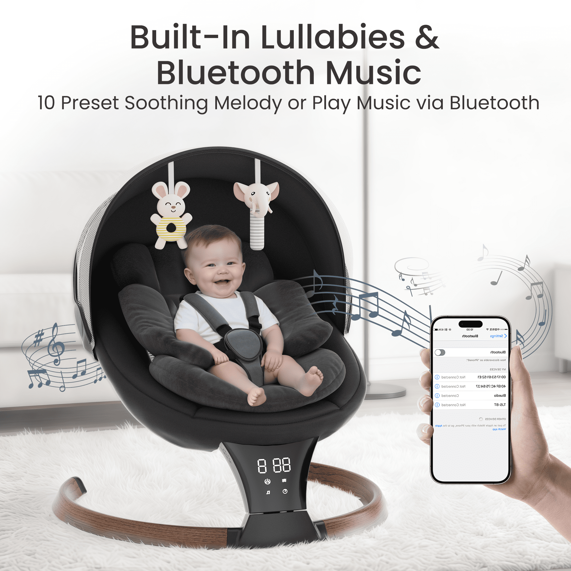 TouHeart Electric Baby Swing for Infant,5-Speed Sway & Vibration, Remote Control,10 Lullabies,Black