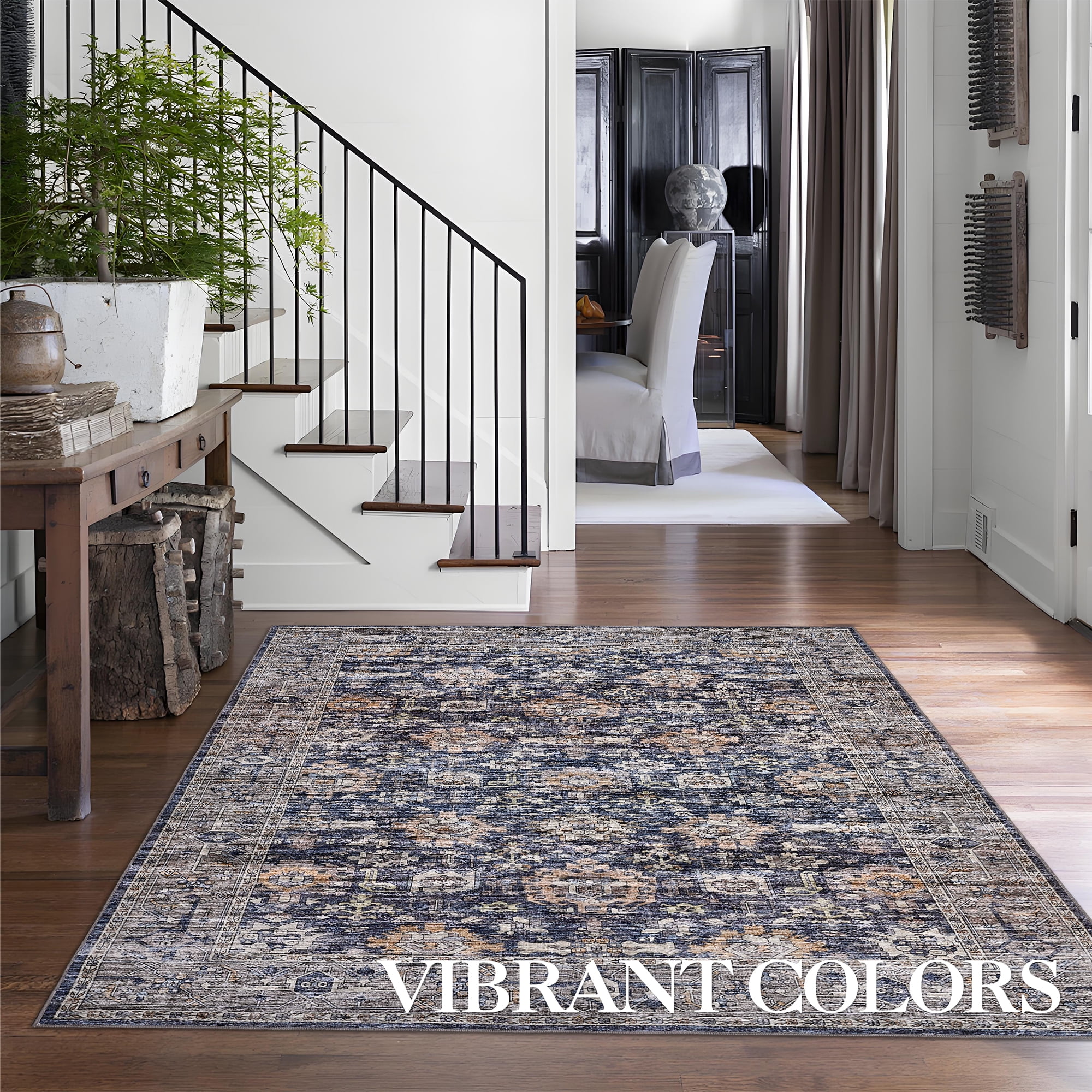 FairOnly 9'x12' Blue Boho Floral Area Rugs for Living Room Low Pile Non Shedding Rugs for Family Room Nursery Carpet