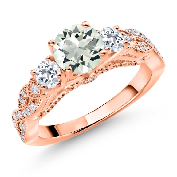 Gem Stone King 18K Rose Gold Plated Silver Green Prasiolite White Topaz and White Moissanite Engagement Ring for Women (1.35 Cttw, Gemstone, Round 6MM and 3MM, Size 8)